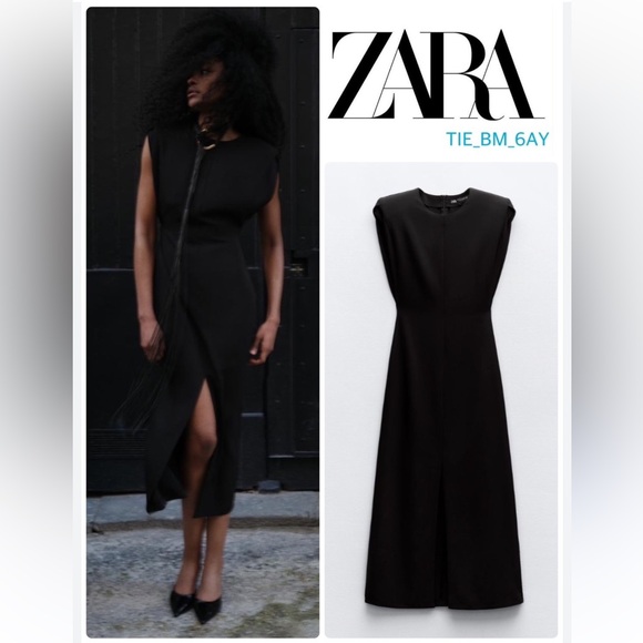 ZARA Shoulder Pad Crepe Midi Dress Black Fitted waist shoulder pads Size S NWT - Picture 3 of 16